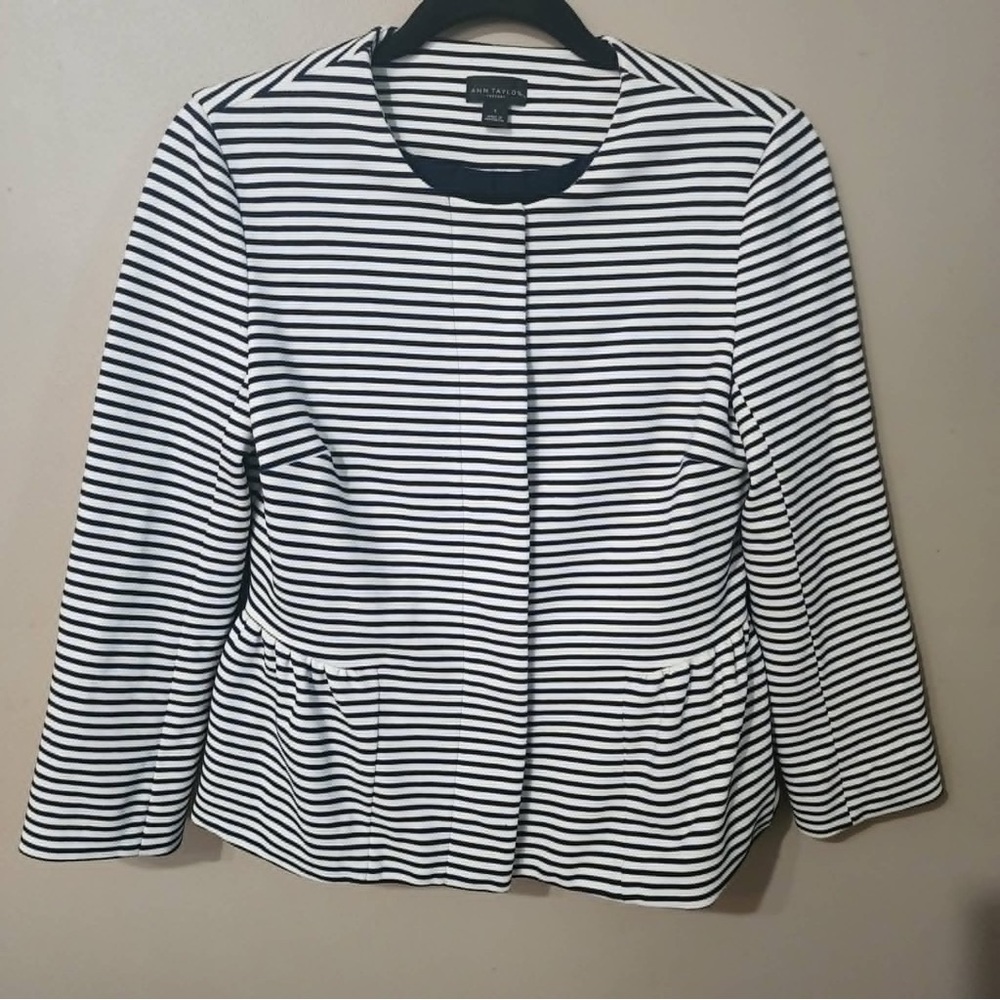 Ann Taylor Black and White Striped Peplum Blazer